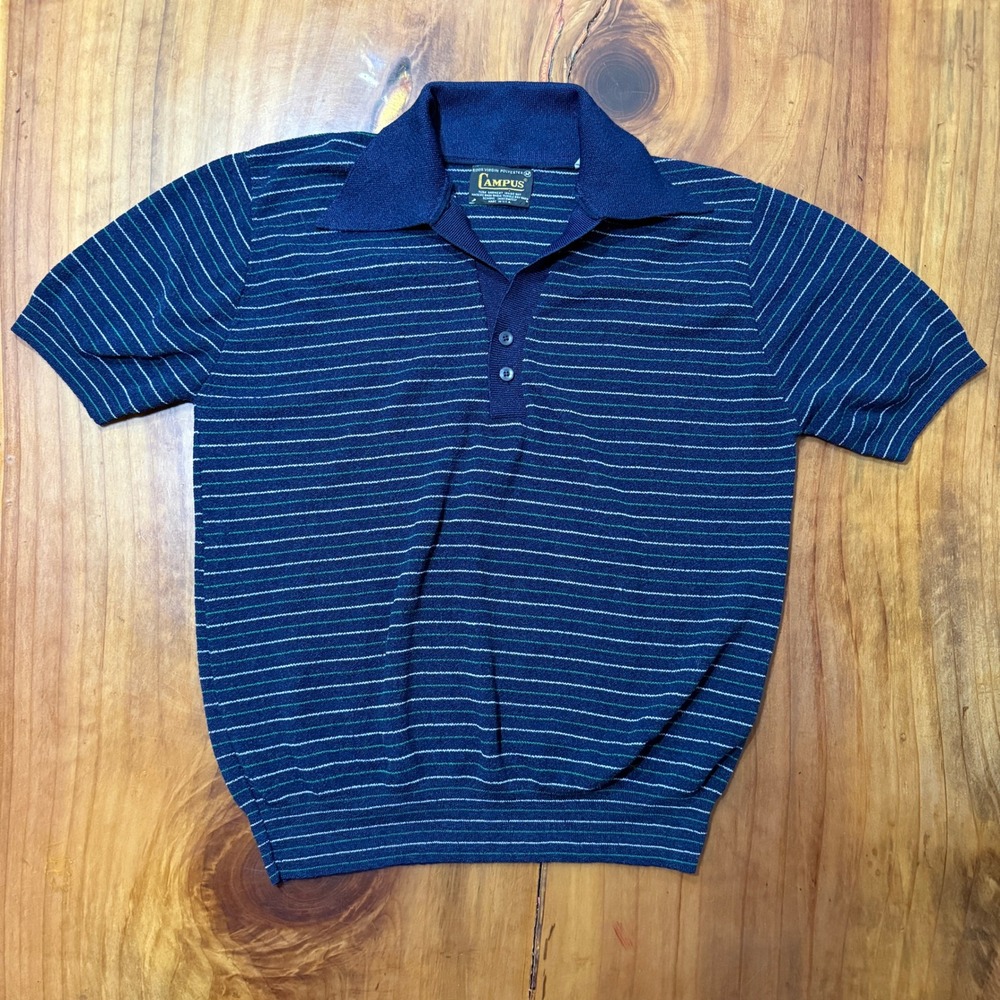 Vintage 60s 70s Campus Polo Shirt T-Shirt M Knit Short Sleeve Stripe Navy H3-8